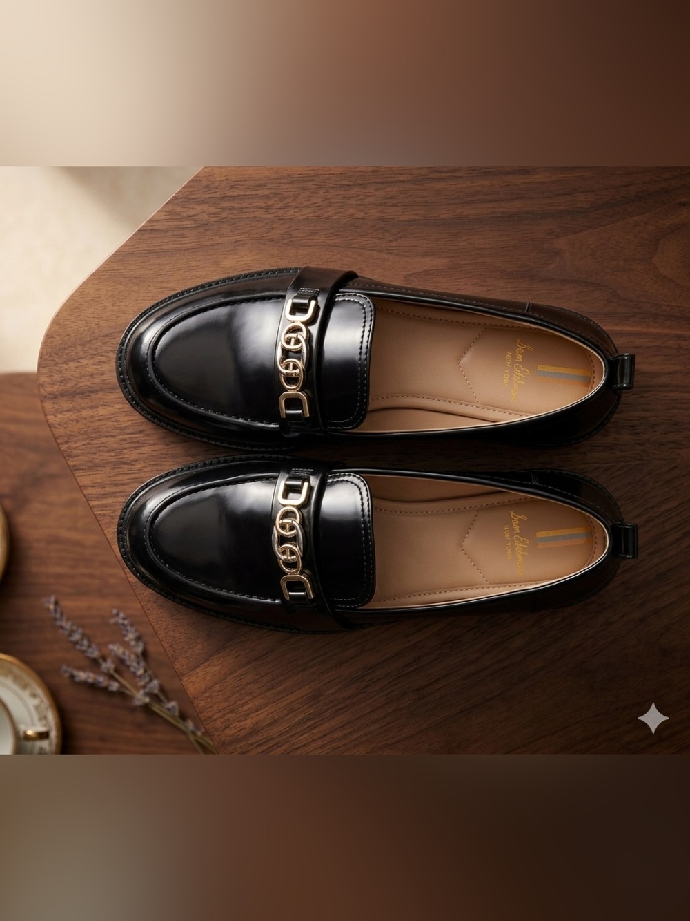 Sam Edelman Black Patent Leather Loafers with Gold Chain